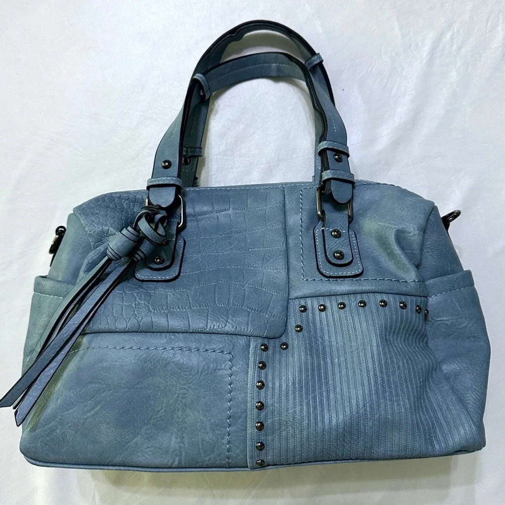 Dasein Satchel Bag Studded Croc Patchwork Handbag Crossbody Blue Office Boho Y2K